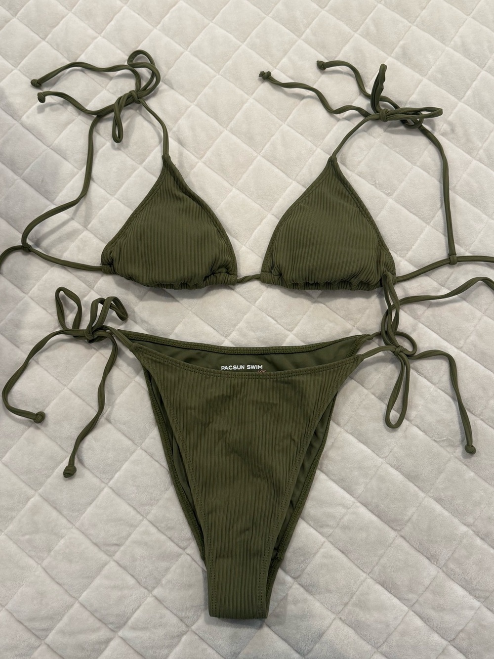 PacSun Olive Ribbed Tie-Side Triangle Bikini Set
